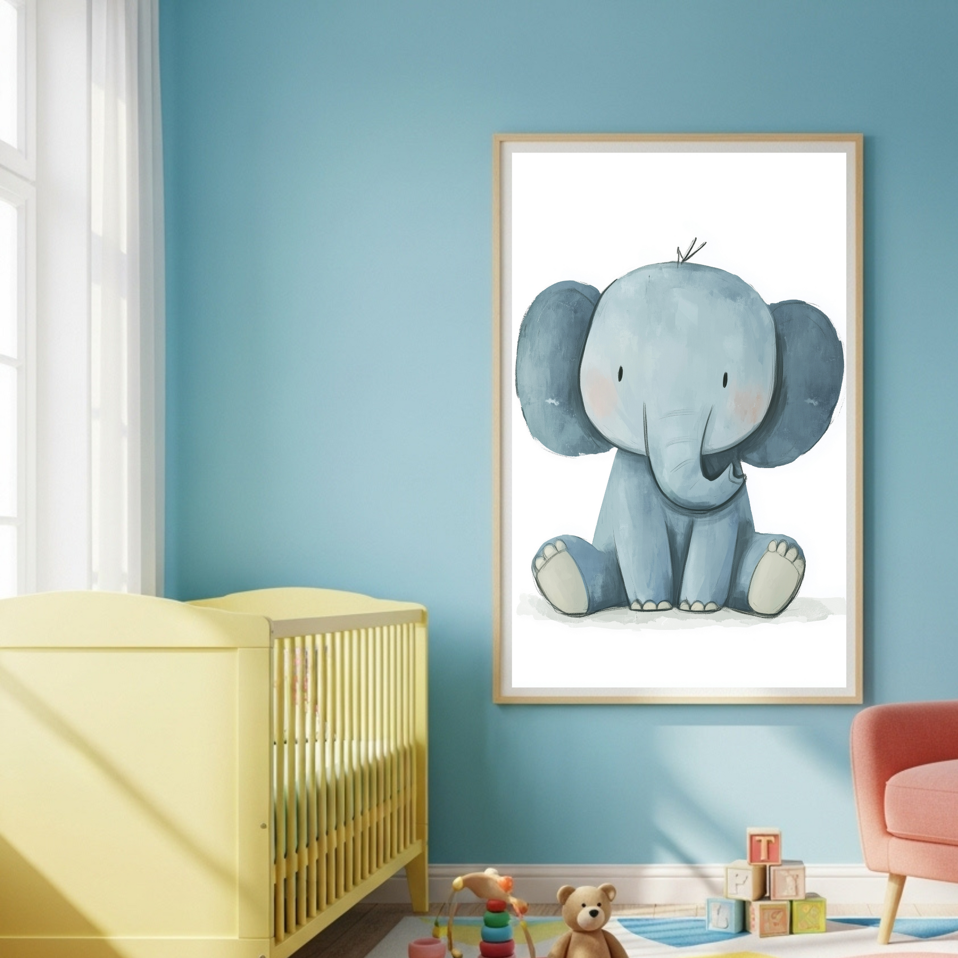 Charming Baby Elephant Nursery Art Poster - Gentle Blue Hues for Kids & Animal Lovers