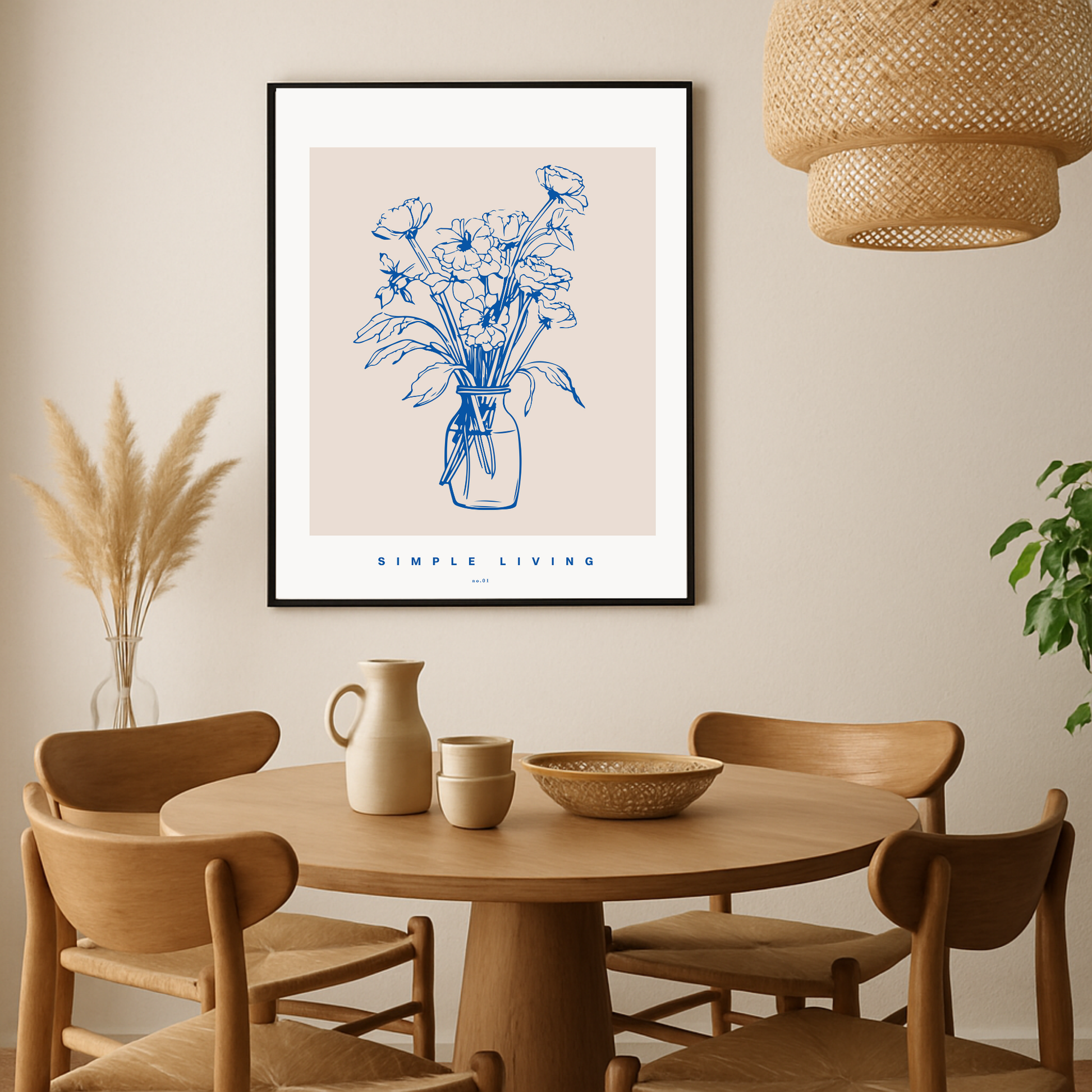 Blue Floral Vase on Beige Canvas Art Print