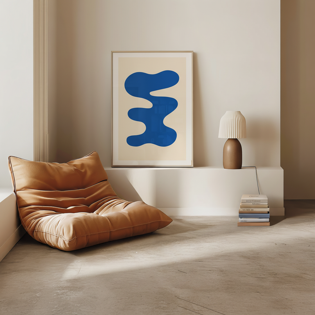 Abstract Blue Shape on Beige Poster