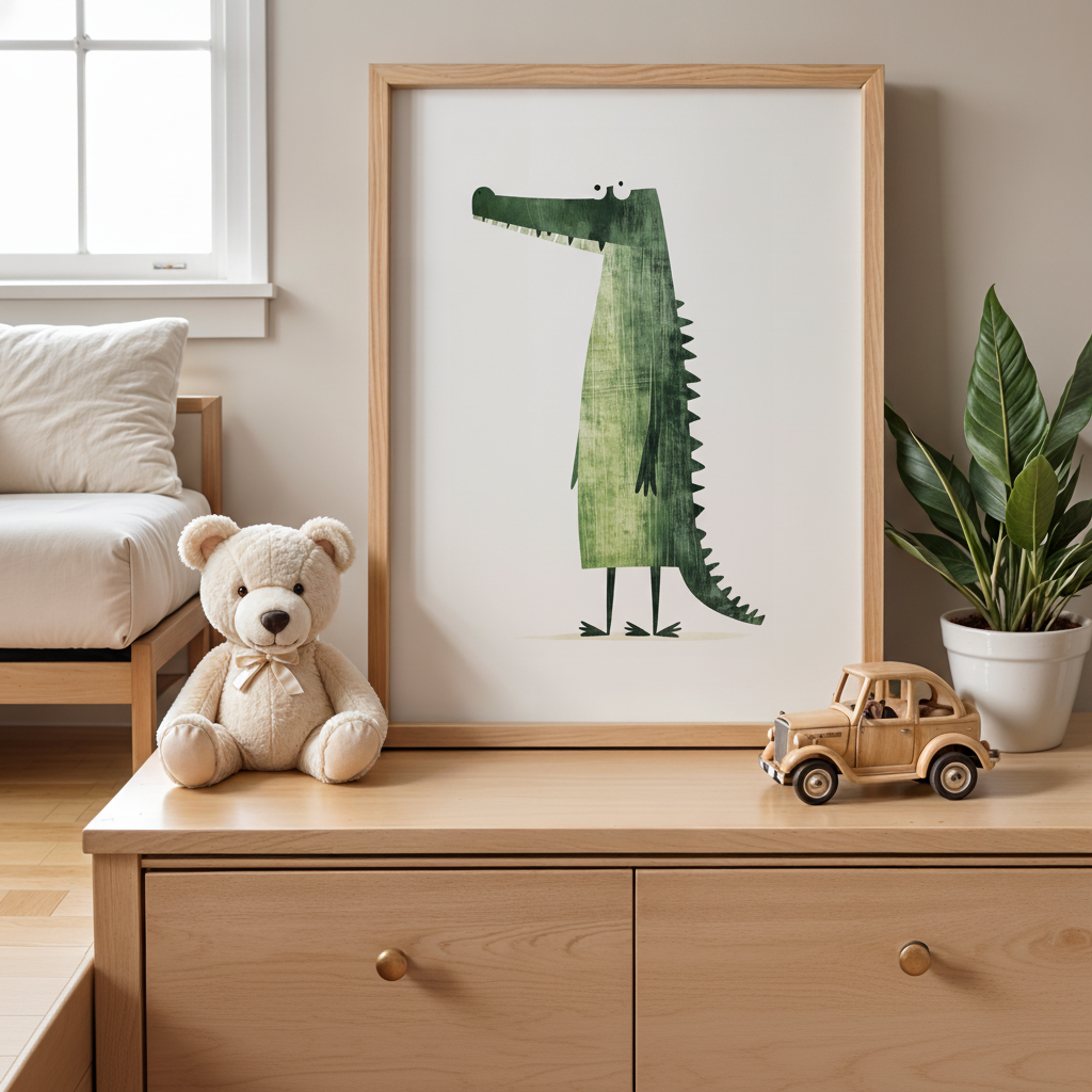 Charming Green Crocodile Art Poster - Quirky Reptile Wall Decor in Various Sizes