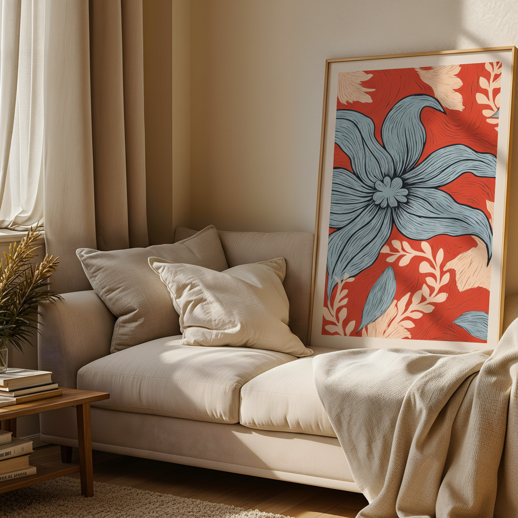 Blue Floral on Red Abstract Art Print