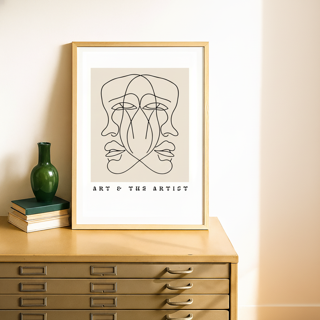 Beige Abstract Line Faces Art Print