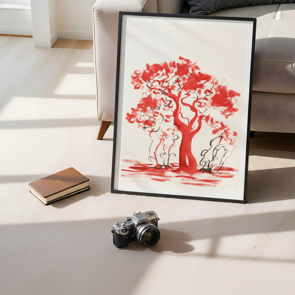 Abstract Red Tree on Cream Canvas Art Print